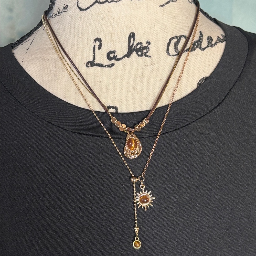 Tiger’s Eye Layered Necklaces with Gold Tone Steel Alloy and Silk Cord